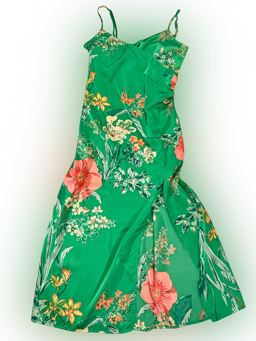 Lulu's Green Tropical Floral Maxi Slip Dress with Coral Pink & Yellow Blooms